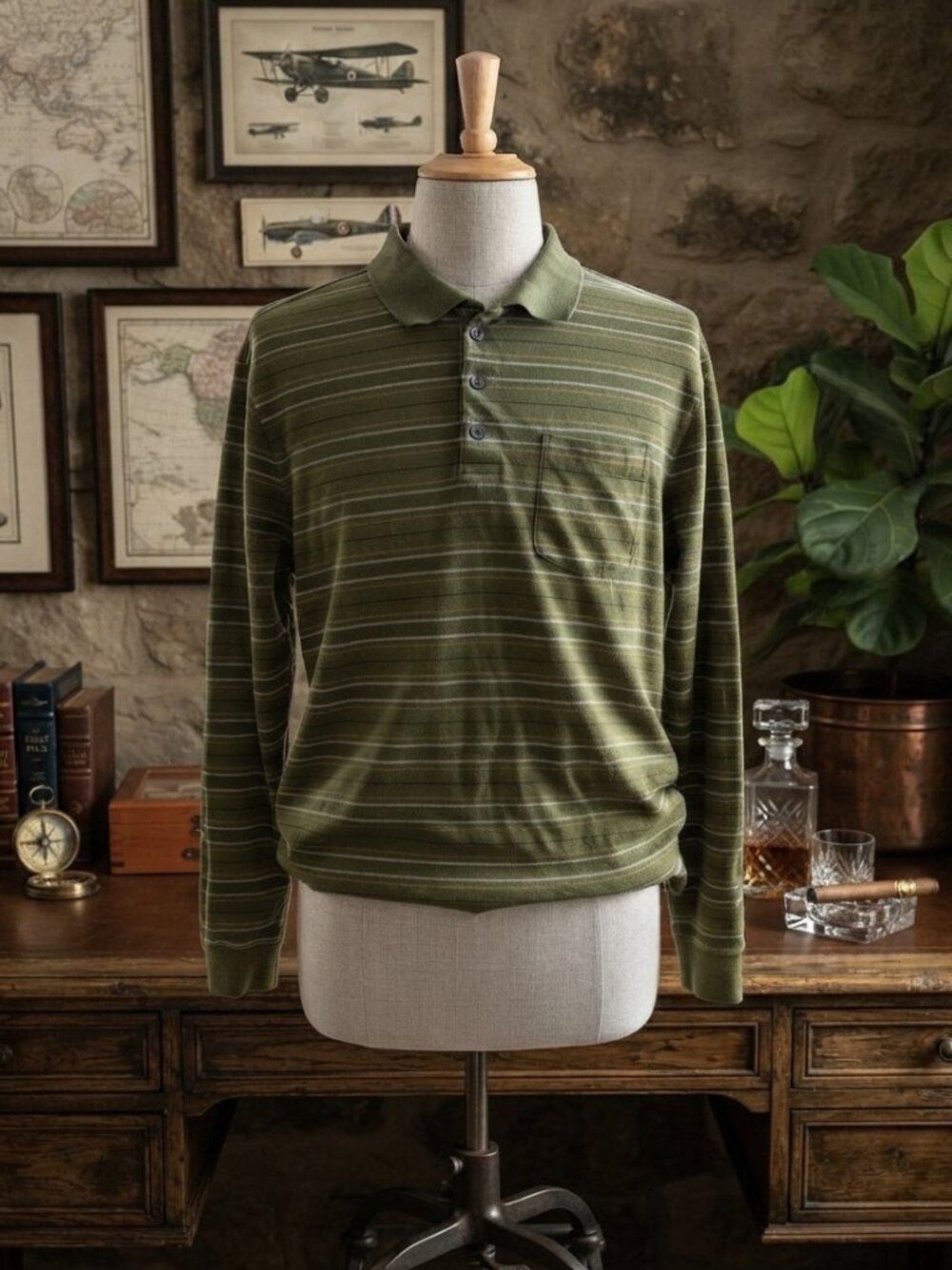Croft & Barrow Green Striped Long-Sleeve Polo - Size XL